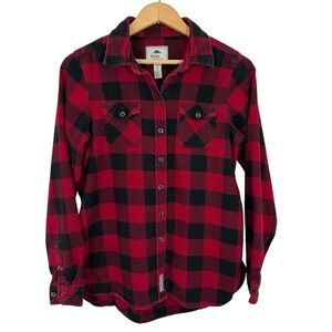 Roots Buffalo Plaid Flannel Shirt Womens S Black Red Check Long Sleeve Button Up